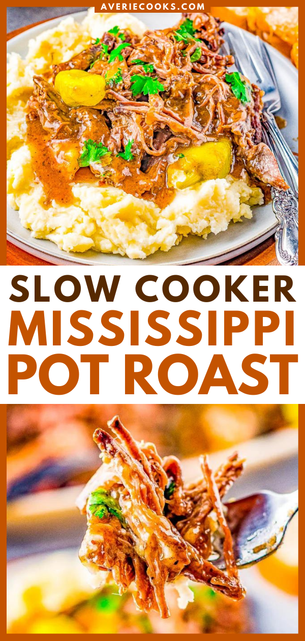 Slow Cooker Mississippi Pot Roast — A foolproof recipe for tender, juicy pot roast with just FIVE main ingredients! Your slow cooker does all the work in this comfort food classic pot roast that the whole family will adore! EASIER than any pot roast you will ever make and with more robust flavor! 