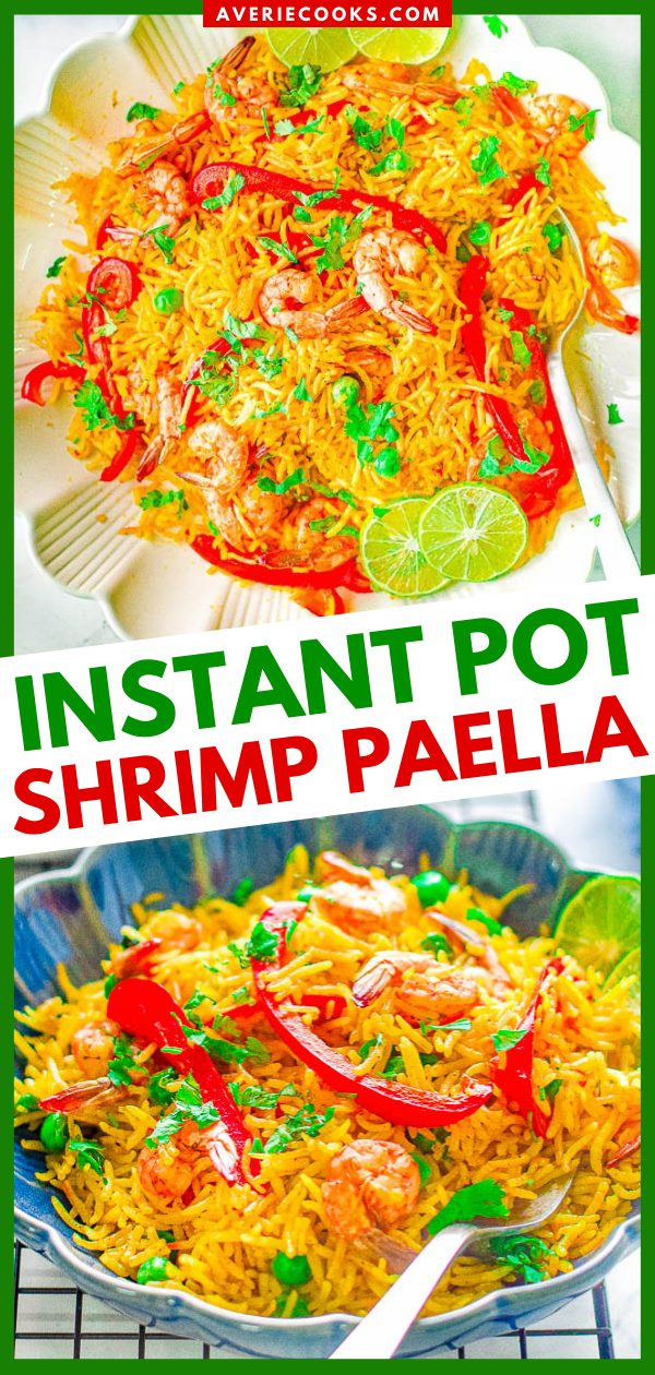 Instant Pot Shrimp Paella — All the rich flavors of classic Spanish paella but made in your Instant Pot and ready in 25 minutes! Plump and juicy shrimp, crisp-tender bell peppers and peas, all tossed in saffron and paprika seasoned rice! An EASY recipe that's perfect for busy weeknights!