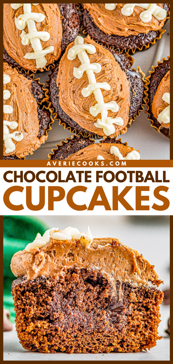 Chocolate Football Cupcakes — Decadent chocolate cupcake filled with a rich chocolate ganache and topped with creamy chocolate buttercream frosting for a trifecta of chocolate! The cupcakes will be game day winners with all your hungry fans!