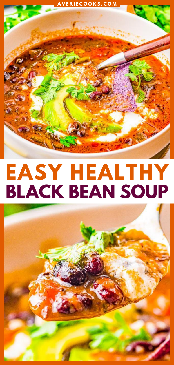 Easy Black Bean Soup — Smoky, savory, creamy black bean soup with roasted poblano peppers and an array of spices for layers of rich flavor! Hearty, comforting, and naturally vegan and gluten-free, this soup makes a great HEALTHY meal or robust starter or side!