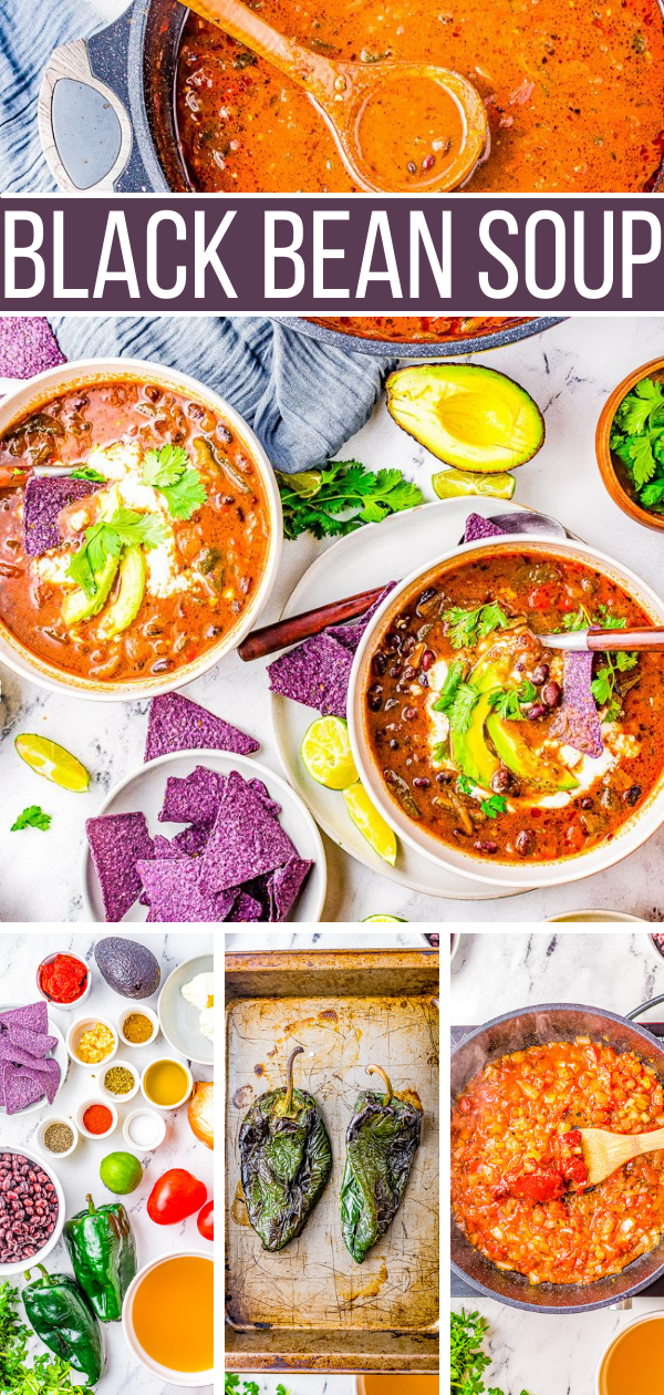 Easy Black Bean Soup - Smoky, savory black bean soup with roasted poblano peppers and an array of spices for layers of rich flavor! Hearty, comforting, and naturally vegan and gluten-free, this soup makes a great HEALTHY meal or robust starter or side!