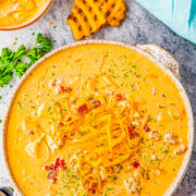 Slow Cooker Cheeseburger Soup - A decadent dish that's like eating a loaded cheeseburger, but in soup form! Ground beef, bacon, cheese, and an array of vegetables give fantastic depth of flavor. SO EASY because your slow cooker does ALL the work! A guaranteed family favorite especially when it's chilly.