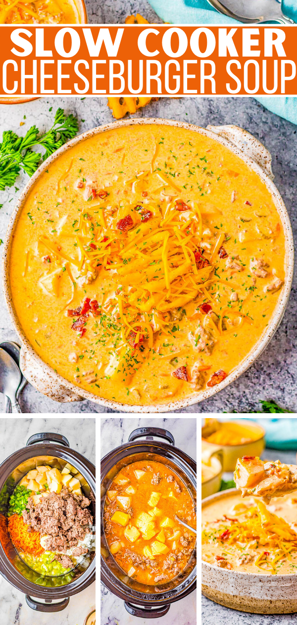 Slow Cooker Cheeseburger Soup - A decadent dish that's like eating a loaded cheeseburger, but in soup form! Ground beef, bacon, cheese, and an array of vegetables give fantastic depth of flavor. SO EASY because your slow cooker does ALL the work! A guaranteed family favorite especially when it's chilly.