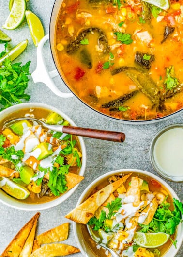 Chicken Poblano Tortilla Soup - All the familiar flavors of chicken tortilla soup but with the addition of roasted poblanos and tomatillos to give extra heartiness and depth of flavor! An EASY soup, ready in 30 minutes, and a guaranteed family favorite to put on rotation especially for busy weeknights! 
