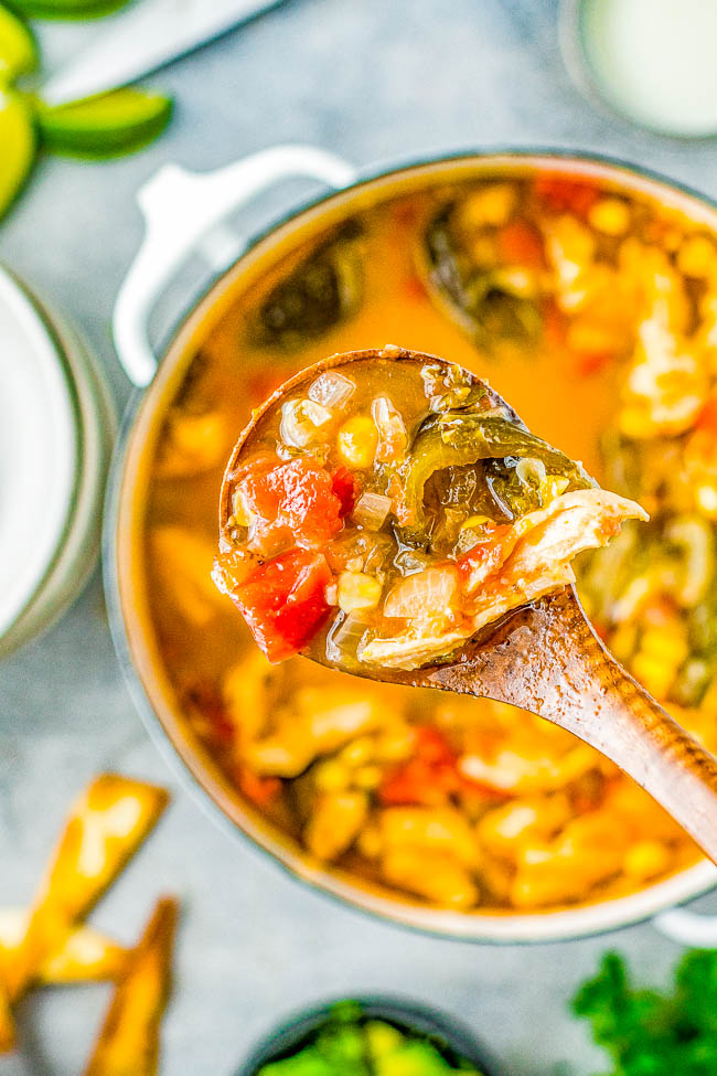 Chicken Poblano Tortilla Soup - All the familiar flavors of chicken tortilla soup but with the addition of roasted poblanos and tomatillos to give extra heartiness and depth of flavor! An EASY soup, ready in 30 minutes, and a guaranteed family favorite to put on rotation especially for busy weeknights! 