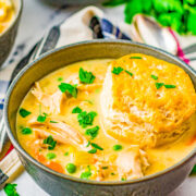 Chicken Pot Pie Soup - All the comfort food feels of pot pie, but in soup form! Rich, hearty, creamy and ready in just 30 minutes! Use canned biscuit dough to save time on busy weeknights when you're craving a hot homemade meal!