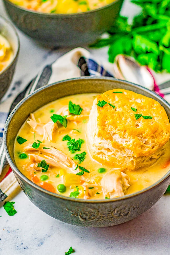 Chicken Pot Pie Soup - All the comfort food feels of pot pie, but in soup form! Rich, hearty, creamy and ready in just 30 minutes! Use canned biscuit dough to save time on busy weeknights when you - Chicken Vegetable Soup're craving a hot homemade meal!