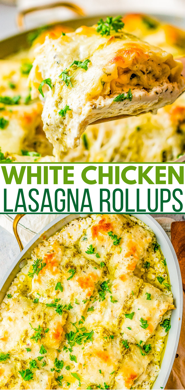 White Chicken Lasagna Roll Ups - Chicken and bacon combined with spinach and herbs, rolled up in lasagna noodles, and smothered in a homemade three-cheese alfredo sauce! This is the ultimate CREAMY CHEESY COMFORT food recipe that everyone ADORES! Can be prepped in advance and baked off later.