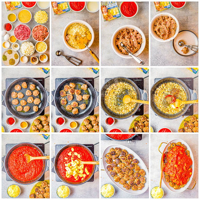 Cheesy Gnocchi and Meatballs — True Italian comfort food with these beef and pork homemade meatballs along with pillowy gnocchi. Everything is covered in homemade tomato sauce , smothered with cheese, and baked! Easier than it looks, and an instant family favorite that everyone will beg you to make again!