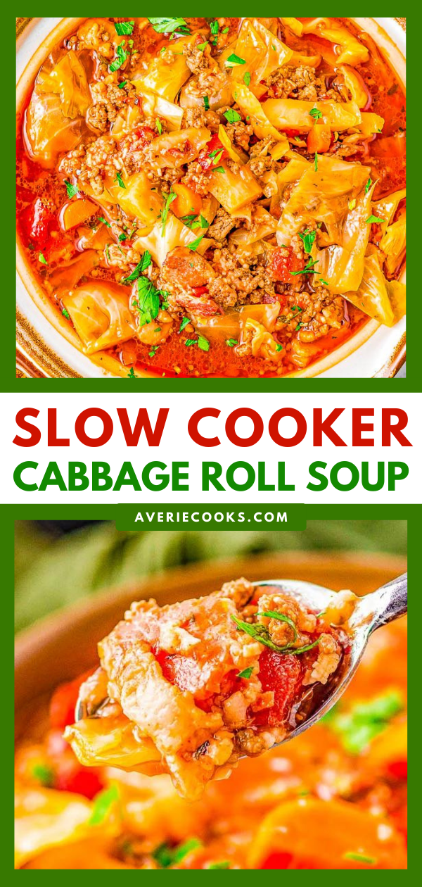Slow Cooker Cabbage Roll Soup — A hearty comfort food soup recipe the whole family will love. If you think that soup can't be a meal, guess again! This Crockpot cabbage roll soup is chock full of bacon, ground beef, green cabbage, rice, carrots, fire roasted tomatoes, and more! Perfect for chilly weather, busy weeknights, and the leftovers freeze great! 