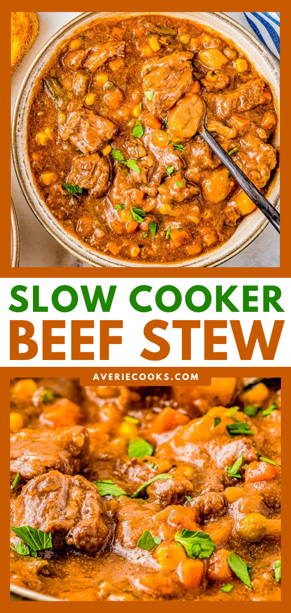 Slow Cooker Beef Stew - Comfort food at its finest with thick and tender chunks of potatoes, buttery soft potatoes, and mixed vegetables. The broth is rich, deep, and exquisite thanks to a mixture of beef broth, red wine, and a mixture of herbs and spices. IMPRESS your family and friends with this CLASSIC beef stew recipe! 