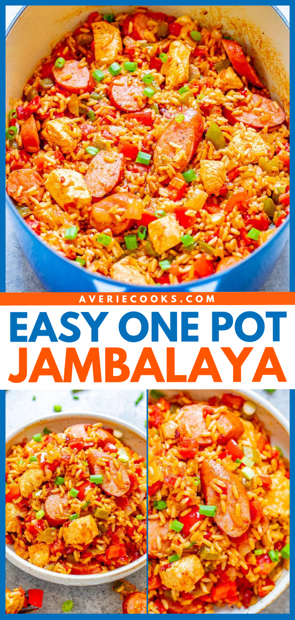 Easy One-Pot Chicken and Sausage Jambalaya — This EASY jambalaya is made in ONE pot with Cajun-seasoned chicken, sausage, rice, peppers, and more! The whole family will LOVE this big batch of comfort food that's ready in 30 MINUTES! Perfect for busy weeknights or make it as a freezer meal prep recipe. There's such incredible depth of flavor in such a short amount of time that it'll be sure to go into your rotation!