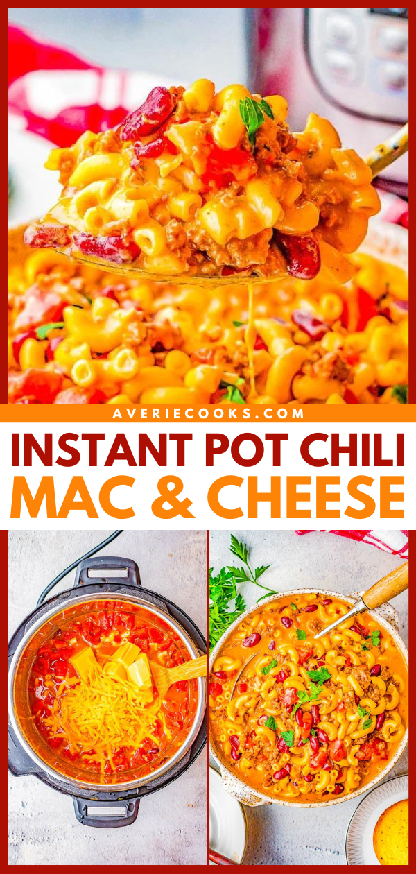 Instant Pot Chili Mac and Cheese — Hearty chili mac made with ground beef, onions, tomatoes, kidney beans, and two types of melted CHEESE! EASY, ready in 20 minutes, and a cheesy comfort food family favorite that's perfect for busy weeknights! Stovetop directions provided if you don't have an Instant Pot. 