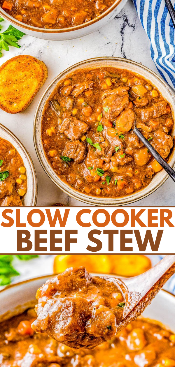 Slow Cooker Beef Stew - Comfort food at its finest with thick and tender chunks of potatoes, buttery soft potatoes, and mixed vegetables. The broth is rich, deep, and exquisite thanks to a mixture of beef broth, red wine, and a mixture of herbs and spices. IMPRESS your family and friends with this CLASSIC beef stew recipe! 