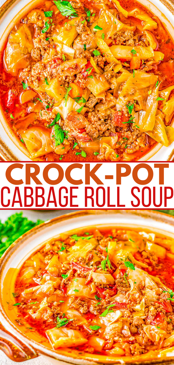 Slow Cooker Cabbage Roll Soup - A hearty comfort food soup recipe the whole family will love. If you think that soup can't be a meal, guess again! This slow cooker soup is chock full of bacon, ground beef, green cabbage, rice, carrots, fire roasted tomatoes, and more! Perfect for chilly weather, busy weeknights, and the leftovers freeze great! 