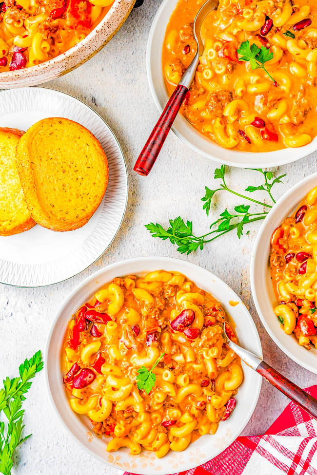 Instant Pot Chili Mac and Cheese – Hearty chili mac made with ground beef, onions, tomatoes, kidney beans, and two types of melted CHEESE! EASY, ready in 20 minutes, and a cheesy comfort food family favorite that’s perfect for busy weeknights! Stovetop directions provided if you don’t have an Instant Pot. 
