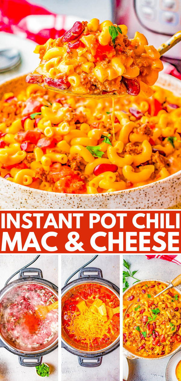 Step-by-step preparation of instant pot chili mac and cheese, showcasing ingredients and the cooking process.