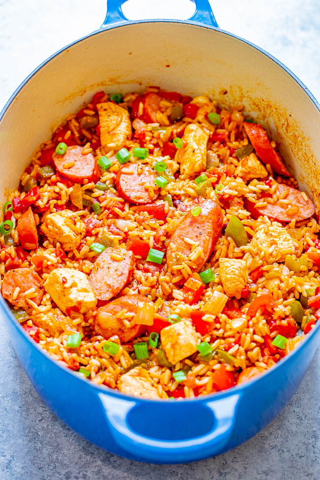 Easy One-Pot Chicken and Sausage Jambalaya — This EASY jambalaya is made in ONE pot with Cajun-seasoned chicken, sausage, rice, peppers, and more! The whole family will LOVE this big batch of comfort food that's ready in 30 MINUTES!