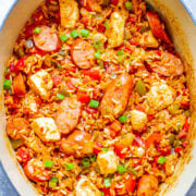 Easy One Pot Jambalaya with Sausage and Chicken.
