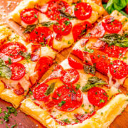Puff Pastry Pizza with pepperoni sliced into four pieces.