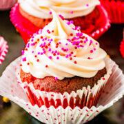Chocolate Truffle Red Velvet Cupcakes with cream cheese frosting.