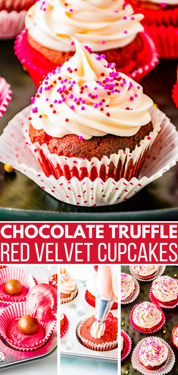 Chocolate Truffle Red Velvet Cupcakes - Tender fluffy red velvet cupcakes stuffed with chocolate truffles and topped with sweet and tangy cream cheese frosting! EASY to make and the PERFECT Valentine's Day or holiday treat sure to impress your family and friends! 
