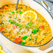 Double White Bean Lemon Stew - A fresh tasting stew made with garbanzo and cannellini beans plus an array of vegetables, spices, herbs, and lots of lemon to give it plenty of bright FLAVOR! Can be made on EITHER the STOVE in 30 MINUTES OR in your SLOW COOKER! Naturally vegan, gluten-free, healthy yet still hearty enough to be comforting! 