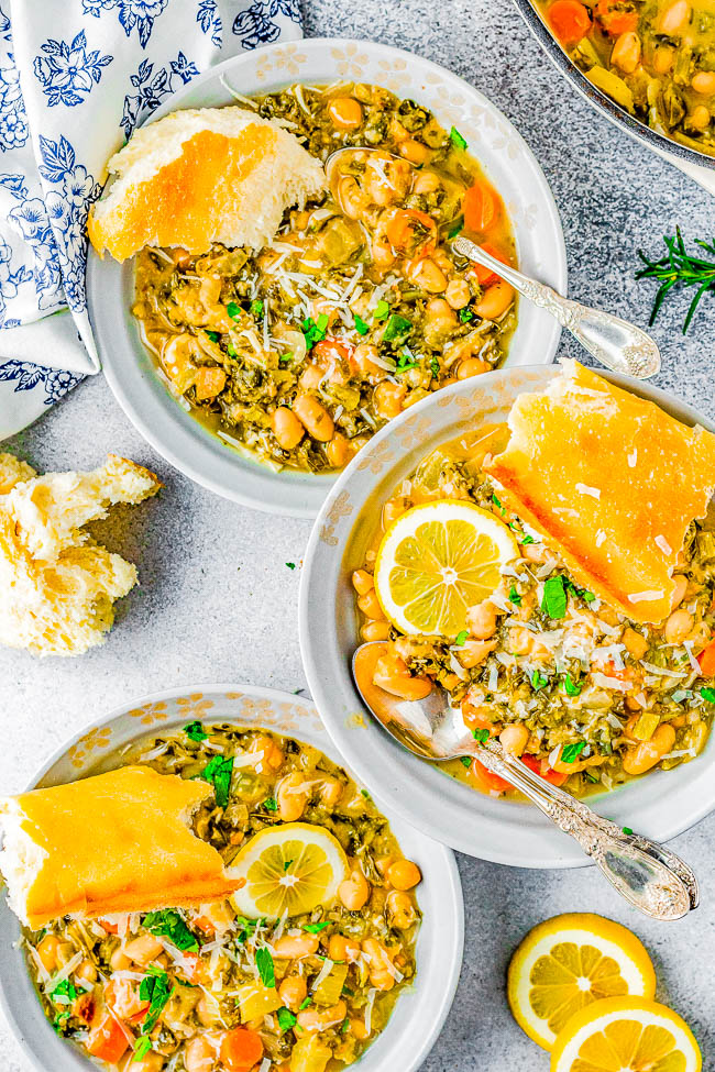 Lemony White Bean Stew — A fresh tasting stew made with garbanzo and cannellini beans plus an array of vegetables, spices, herbs, and lots of lemon to give it plenty of bright FLAVOR! Can be made on EITHER the STOVE in 30 MINUTES OR in your SLOW COOKER! Naturally vegan, gluten-free, healthy yet still hearty enough to be comforting! 