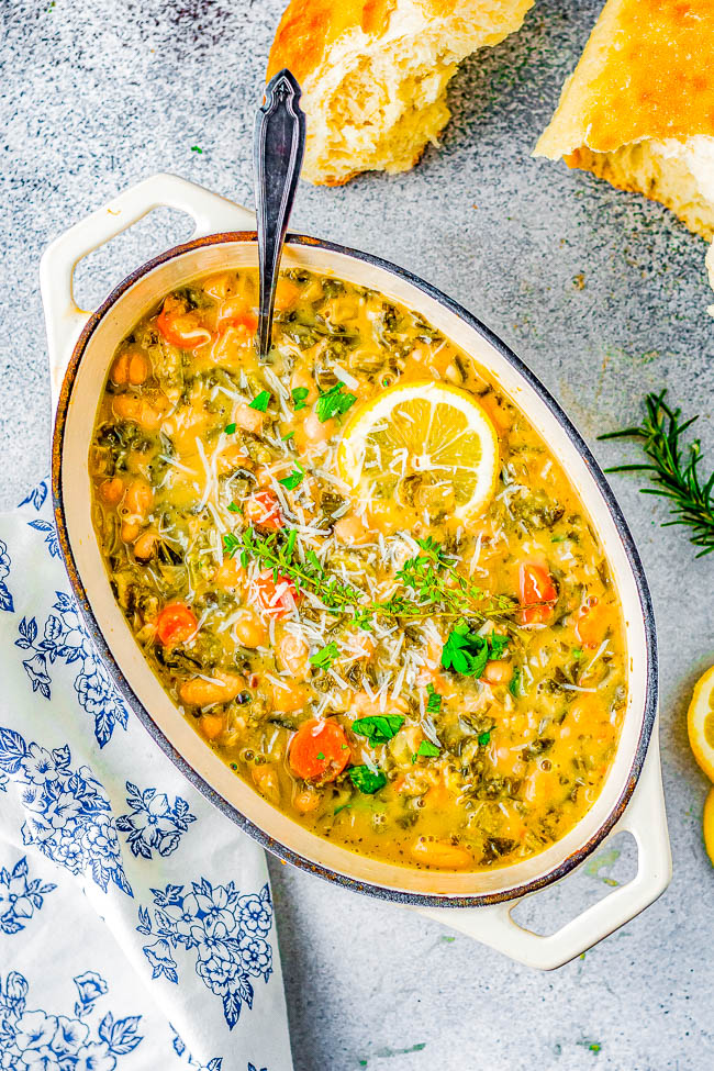Double White Bean Lemon Stew - A fresh tasting stew made with garbanzo and cannellini beans plus an array of vegetables, spices, herbs, and lots of lemon to give it plenty of bright FLAVOR! Can be made on EITHER the STOVE in 30 MINUTES OR in your SLOW COOKER! Naturally vegan, gluten-free, healthy yet still hearty enough to be comforting! 