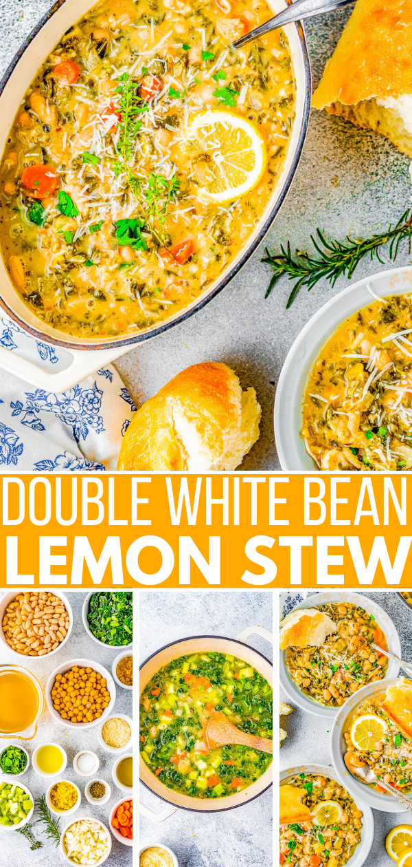 Double White Bean Lemon Stew - A fresh tasting stew made with garbanzo and cannellini beans plus an array of vegetables, spices, herbs, and lots of lemon to give it plenty of bright FLAVOR! Can be made on EITHER the STOVE in 30 MINUTES OR in your SLOW COOKER! Naturally vegan, gluten-free, healthy yet still hearty enough to be comforting! 