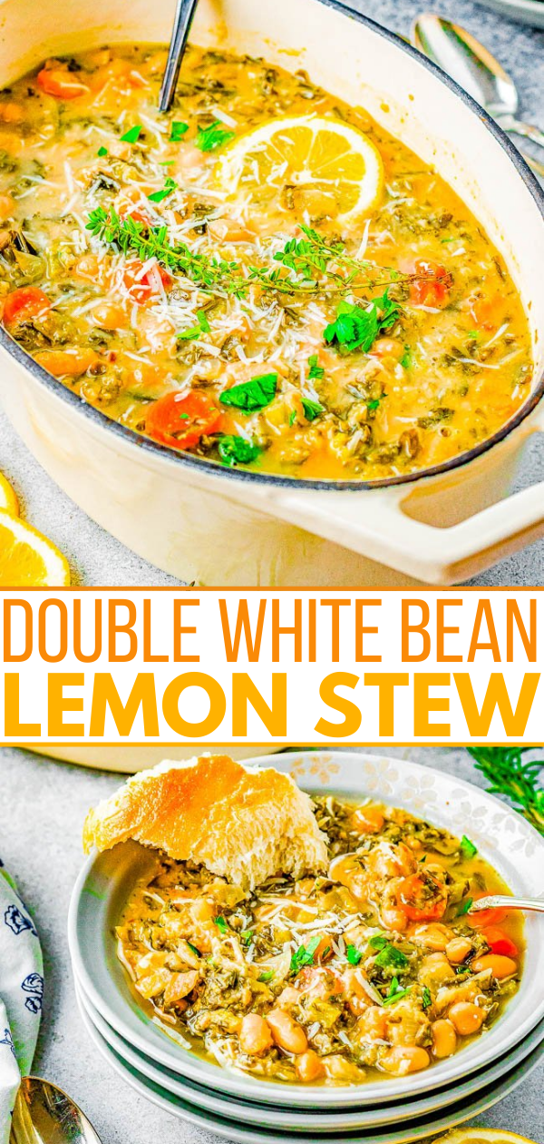 Double White Bean Lemon Stew – A fresh tasting stew made with garbanzo and cannellini beans plus an array of vegetables, spices, herbs, and lots of lemon to give it plenty of bright FLAVOR! Can be made on EITHER the STOVE in 30 MINUTES OR in your SLOW COOKER! Naturally vegan, gluten-free, healthy yet still hearty enough to be comforting!
