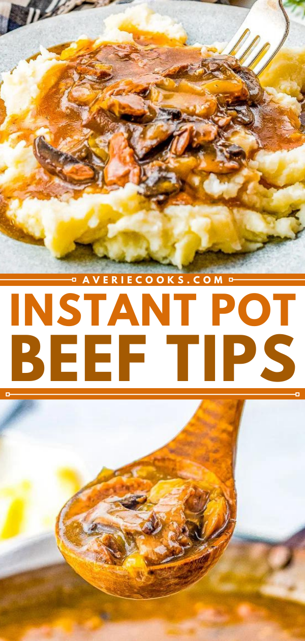 Instant Pot Beef Tips — Tender, juicy beef tips smothered in loads of savory mushroom gravy! So much hearty flavor and just PERFECT for piling over mashed potatoes or noodles! An EASY family-favorite comfort food recipe made entirely in your Instant Pot in about 30 minutes! 