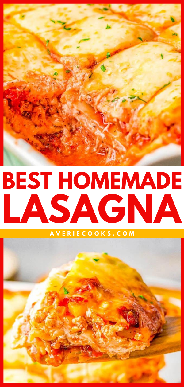 Best Homemade Lasagna - Made with Italian sausage, ground beef, three kinds of cheeses, and plenty of herbs and spices for the BEST homemade lasagna that your friends and family will LOVE! Easier than you think to make and everything is spelled out in detail for lasagna-at-home that tastes like it's from a fancy Italian restaurant!