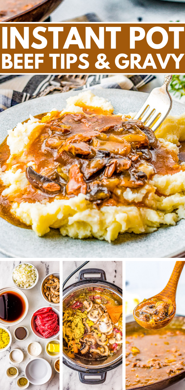 Instant Pot Beef Tips - Tender juicy beef tips smothered in loads of savory mushroom gravy! So much hearty flavor and just PERFECT for piling over mashed potatoes or noodles! An EASY family-favorite comfort food recipe made entirely in your Instant Pot in about 30 minutes! 