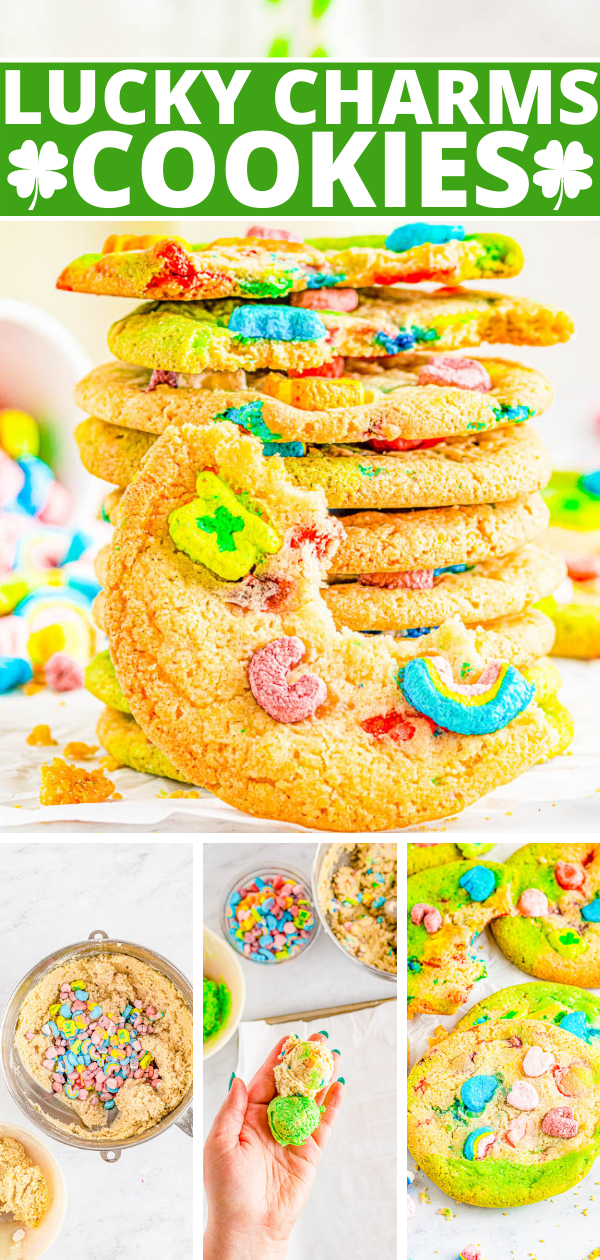Lucky Charms Cookies - Soft and ULTRA CHEWY sugar cookies made with Lucky Charms cereal in the dough plus plenty of marshmallows! Every Leprechaun you know is going to love this fun Saint Patrick's Day dessert! Directions provided to make either plain OR extra festive green-marbled cookies.