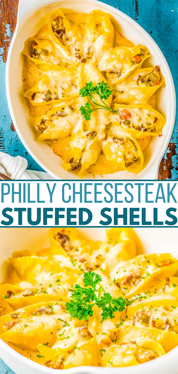 Philly Cheesesteak Stuffed Shells - Comfort food coming in hot with these Philly cheesesteak stuffed pasta shells complete with ribeye steak, peppers, and onions. Ricotta, provolone, and Parmesan cheese lend a SUPER cheesy touch and everything is smothered in Alfredo sauce for next-level deliciousness!