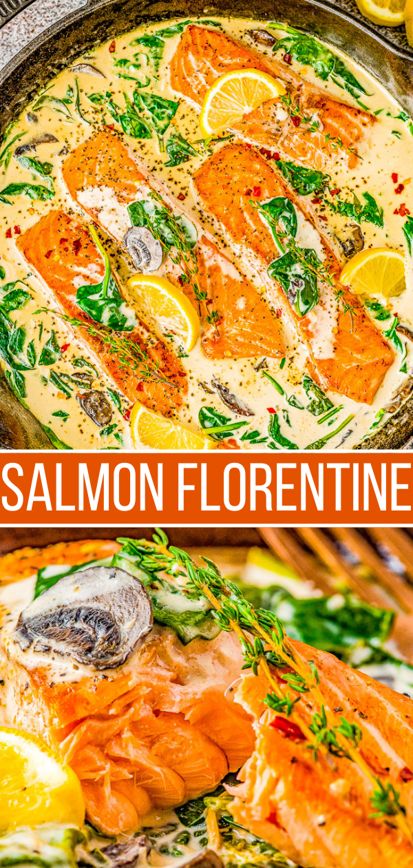 Salmon Florentine - You don't need to go to Florence, Italy to enjoy this FAST and EASY Italian-inspired salmon recipe at home! Tender flaky salmon is bathed in a decadent cream sauce made with heavy cream, wine, Parmesan cheese, and more! Fresh spinach and mushrooms add extra texture and flavor to this super flavorful fish dish!