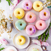 Baked Vanilla Donuts with pastel glaze.