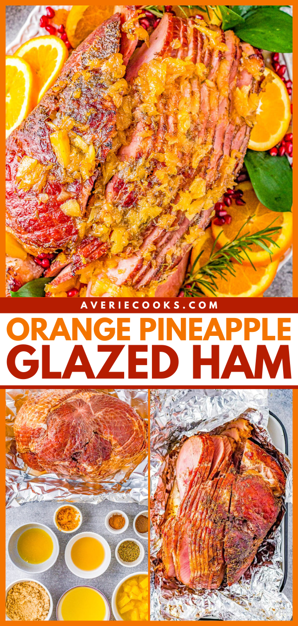 Orange Pineapple Glazed Ham — When you're looking for a holiday ham or family celebration ham recipe, look no further than this one! This orange pineapple ham is so juicy and moist thanks to a dry spice rub made with brown sugar and citrus and then the most delectable orange pineapple glaze! It caramelizes to sweet perfection making this ham a family favorite that pairs well with any side dish! 