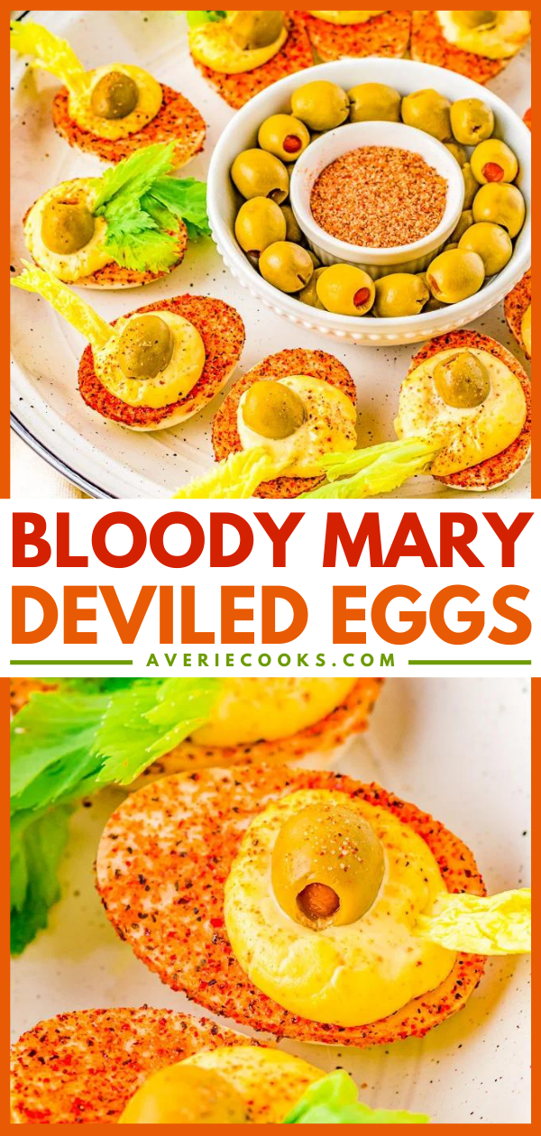 Bloody Mary Deviled Eggs - All the flavors of a bloody Mary in deviled egg form! There's Old Bay, lemon juice, hot sauce, Dijon mustard, celery salt, horseradish, pimento-stuffed green olives, and celery! Super TASTY and FUN for events, parties, and holiday get-togethers! 