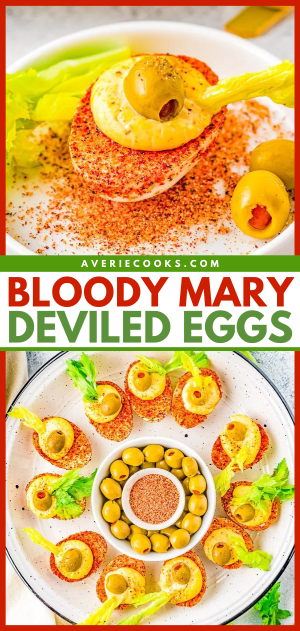 Bloody Mary Deviled Eggs — All the flavors of a bloody Mary, in deviled egg form! There's Old Bay, lemon juice, hot sauce, Dijon mustard, celery salt, horseradish, pimento-stuffed green olives, and celery! Super TASTY and FUN for events, parties, and holiday get-togethers! 
