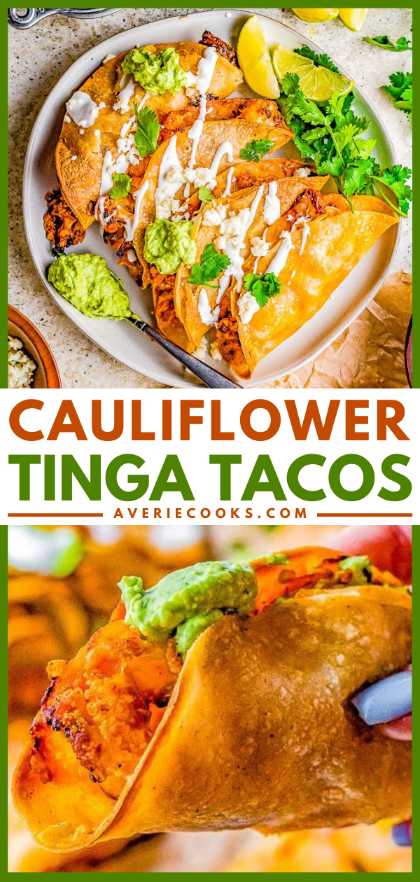 Cauliflower Tinga Tacos with Avocado Crema - Roasted cauliflower is drenched in a smoky, perfectly spicy chipotle sauce, then folded into corn tortillas, cheese is added, and baked to crispy perfection! A bright avocado crema sauce is the finishing touch! Naturally gluten-free vegetarian food never tasted so AMAZING! You'll never miss the meat in these healthy tacos!