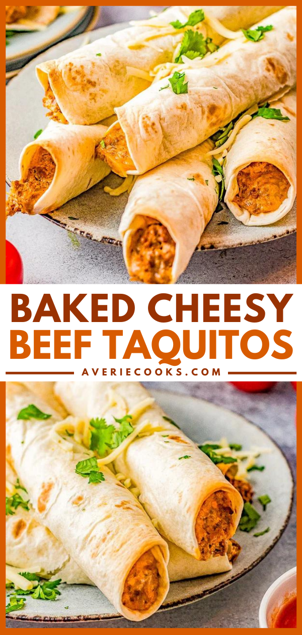 Baked Cheesy Beef Taquitos - Craving Mexican food? Make these EASY taquitos made with seasoned ground beef, melted cheese, cream cheese, sour cream, salsa, and baked to crispy perfection! Family friendly, picky-eater approved, and PERFECT for busy weeknight dinners, game day events or parties!
