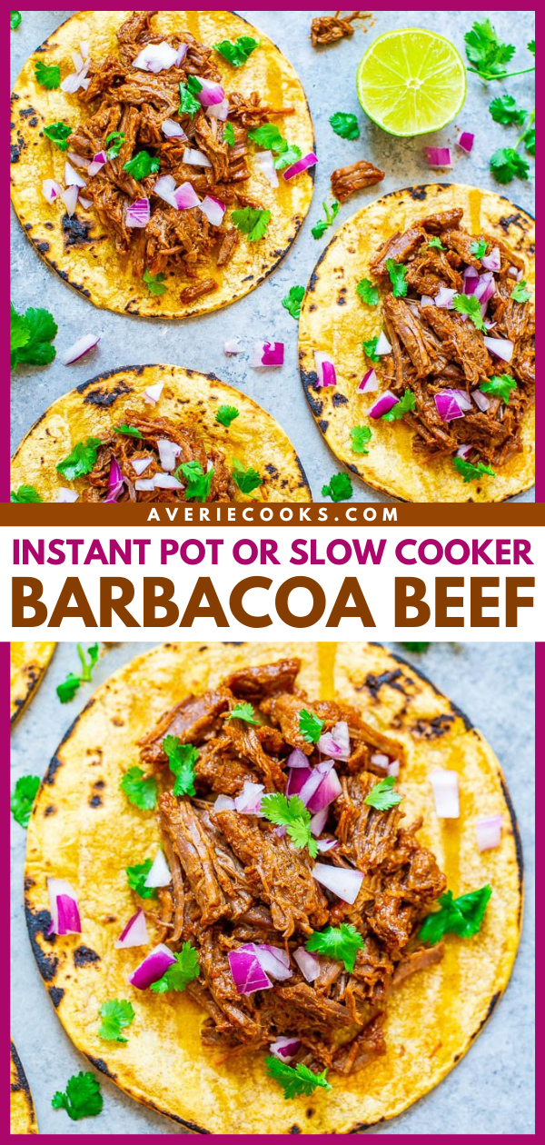 Slow Cooker or Instant Pot Barbacoa Beef — Learn how to make authentic-tasting barbacoa beef in your Instant Pot or slow cooker!! EASY, tastes BETTER than a restaurant, and is a dinnertime WINNER!!