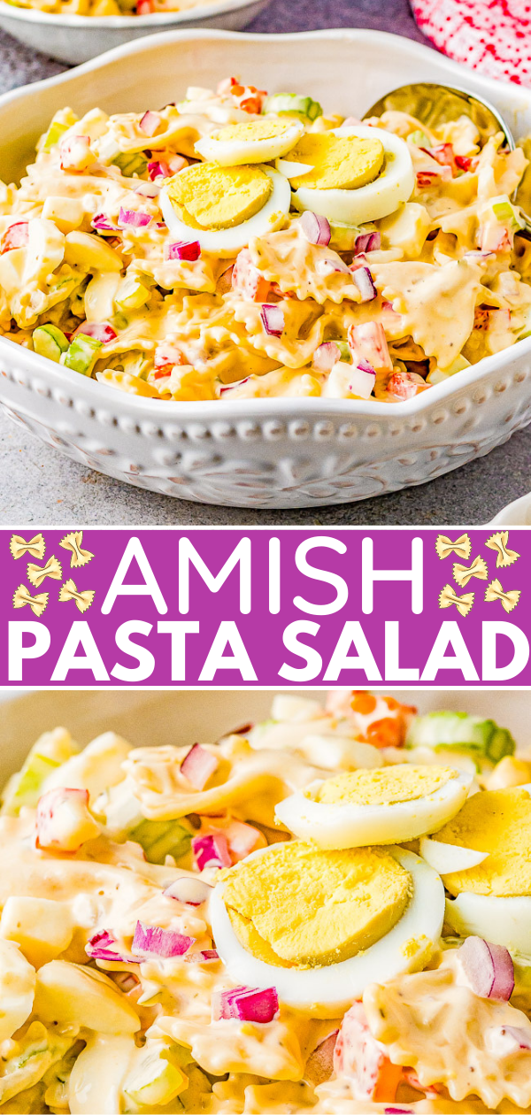 Amish Pasta Salad - A family-favorite classic pasta salad recipe with al dente pasta, bell peppers, celery, red onions, and hard-boiled eggs tossed in a creamy tangy-sweet dressing! Perfect for picnics, potlucks, backyard parties, and events! Everyone will go back for a second helping of this comforting side salad! 