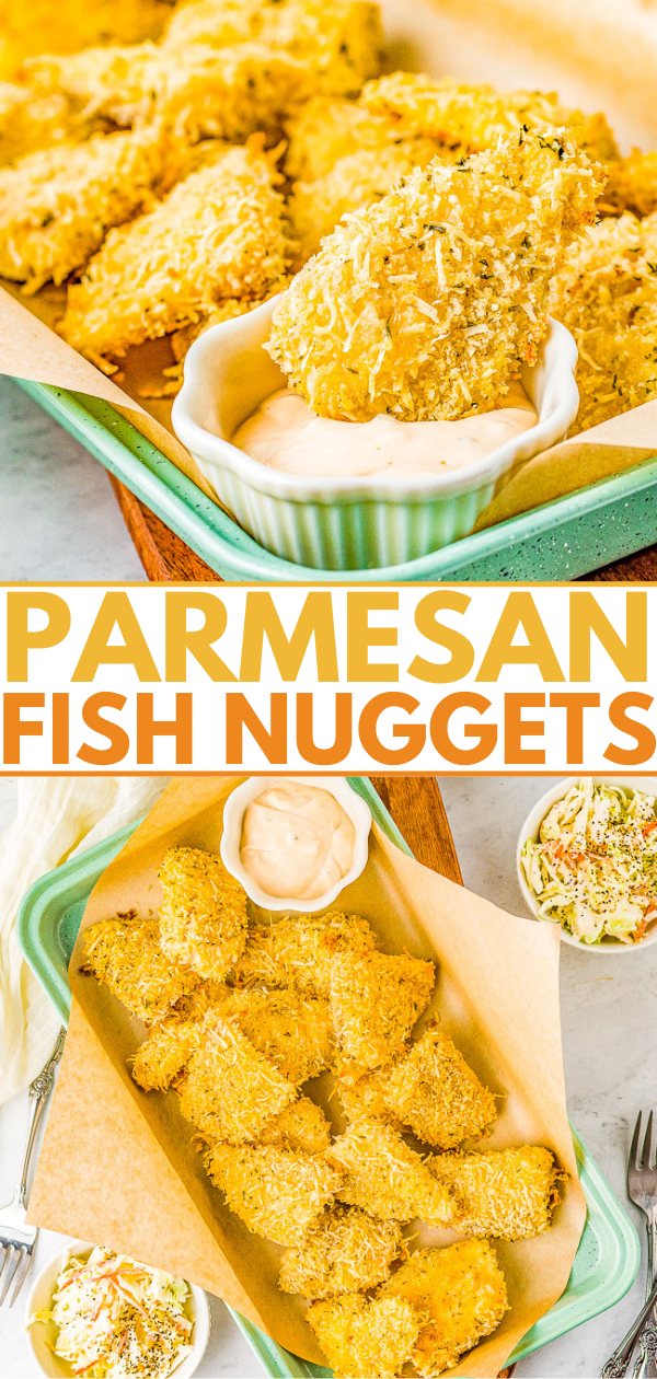 Parmesan Fish Nuggets - Lightly crisped on the outside and tender on the inside, these EASY fish nuggets are picky-eater approved and they're baked not fried! Made with a combination of Parmesan cheese, panko breadcrumbs, plus there's homemade tartar sauce for dipping! 