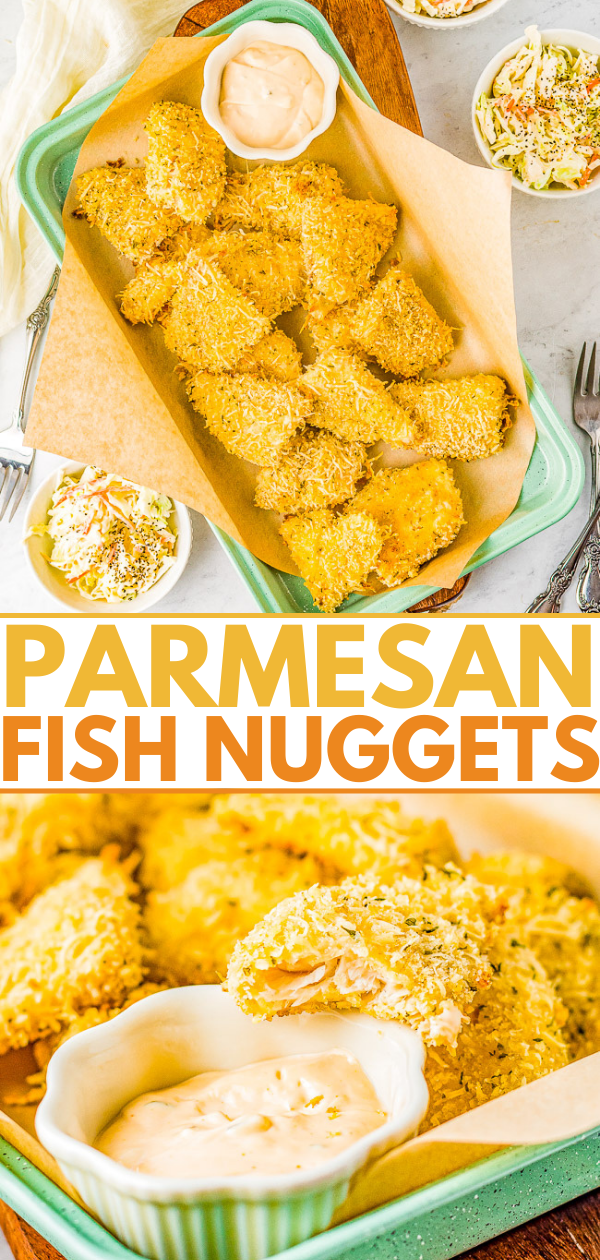 Parmesan Fish Nuggets - Lightly crisped on the outside and tender on the inside, these EASY fish nuggets are picky-eater approved and they're baked not fried! Made with a combination of Parmesan cheese, panko breadcrumbs, plus there's homemade tartar sauce for dipping! 
