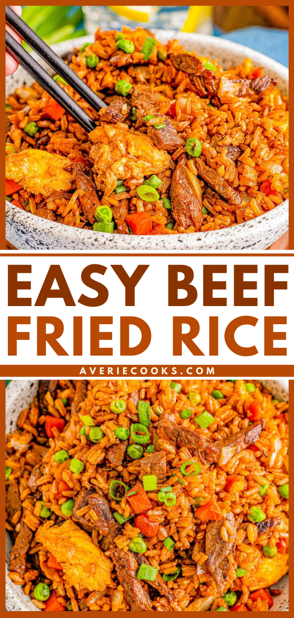 Beef Fried Rice - This better-than-takeout beef fried rice is EASY, ready in 20 MINUTES, and made in ONE skillet! Everyone loves the big juicy strips of steak and perfectly fried rice that's speckled with bits of onions, peas, carrots, and scrambled eggs. The combination of the soy sauces, oyster sauce, and toasted sesame oil make it taste so authentic! 