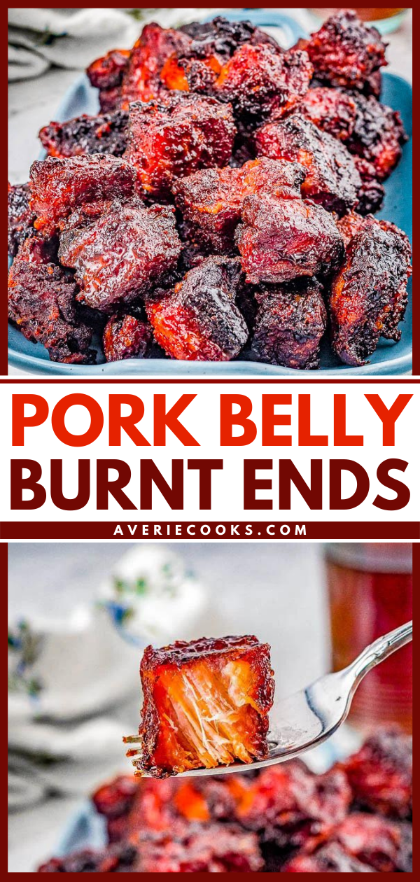 Pork Belly Burnt Ends - Crispy, sticky, sweet-and-savory pieces of pork belly are grilled to burnt ends "perfection"! The pork is moist, tender, and everyone goes crazy for it so double the recipe! Perfect for Memorial Day, Fourth of July, Labor Day, game day parties, or as a special weeknight treat for your family!