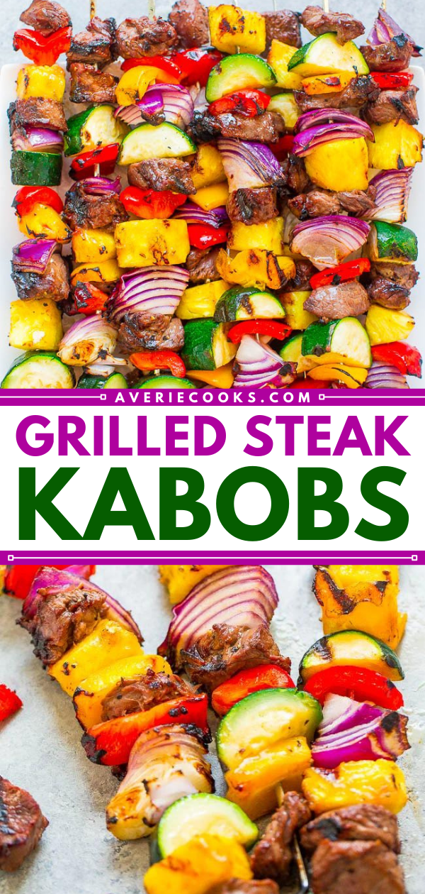 Grilled Steak Kabobs — Juicy steak with sweet bell peppers, onions, zucchini, and pineapple for the PERFECT sweet-and-savory kabob!! You'll want to fire up your grill for these! Fast, EASY, zero cleanup, and DELISH!!